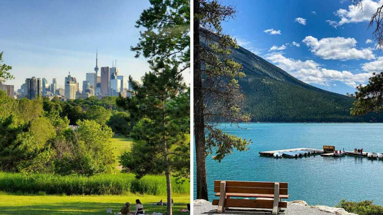 people in toronto park with cn tower and skyline in background. right: bench and docks on water at lake in banff