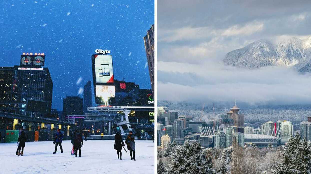 people in toronto square during snowfall. right: snow-covered vancouver skyline with mountains in background