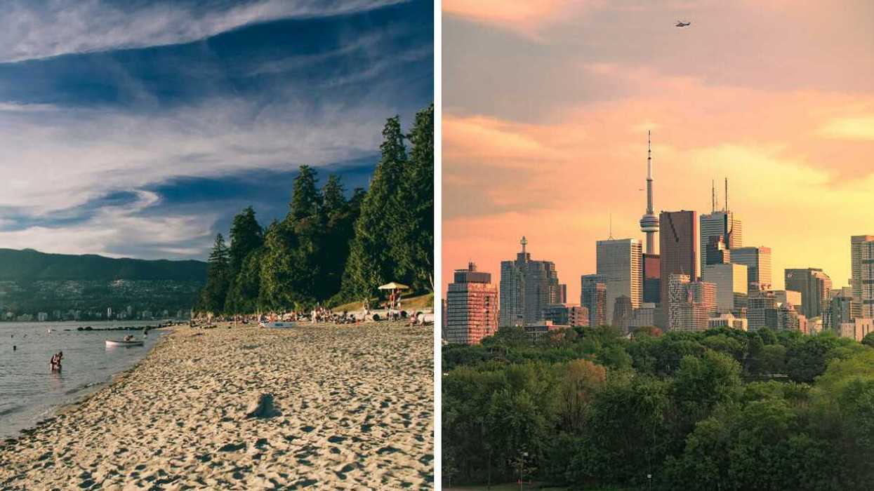 people in water at sandy beach in vancouver. right: toronto skyline behind trees during sunset