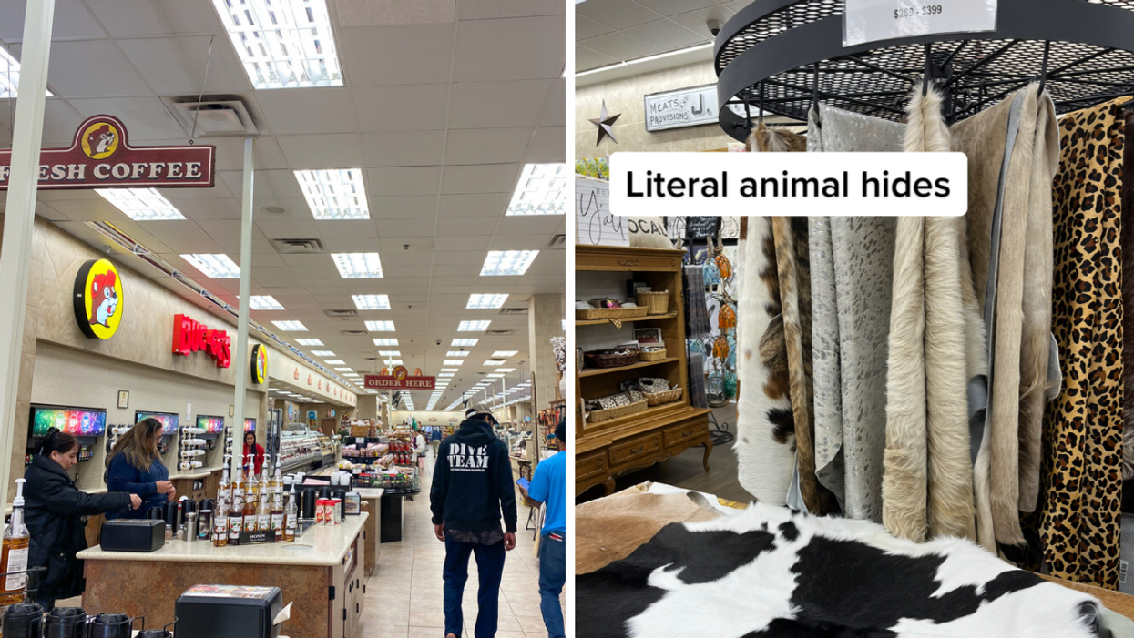 People inside a Buc-ee's. Right: Carpets and animal hides sold at a Buc-ee's.