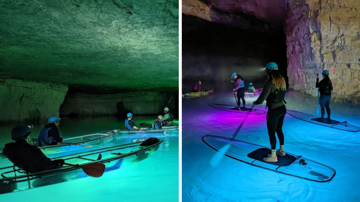 People kayaking in a Kentucky cave. Right: People paddle-boarding in a Kentucky Cave