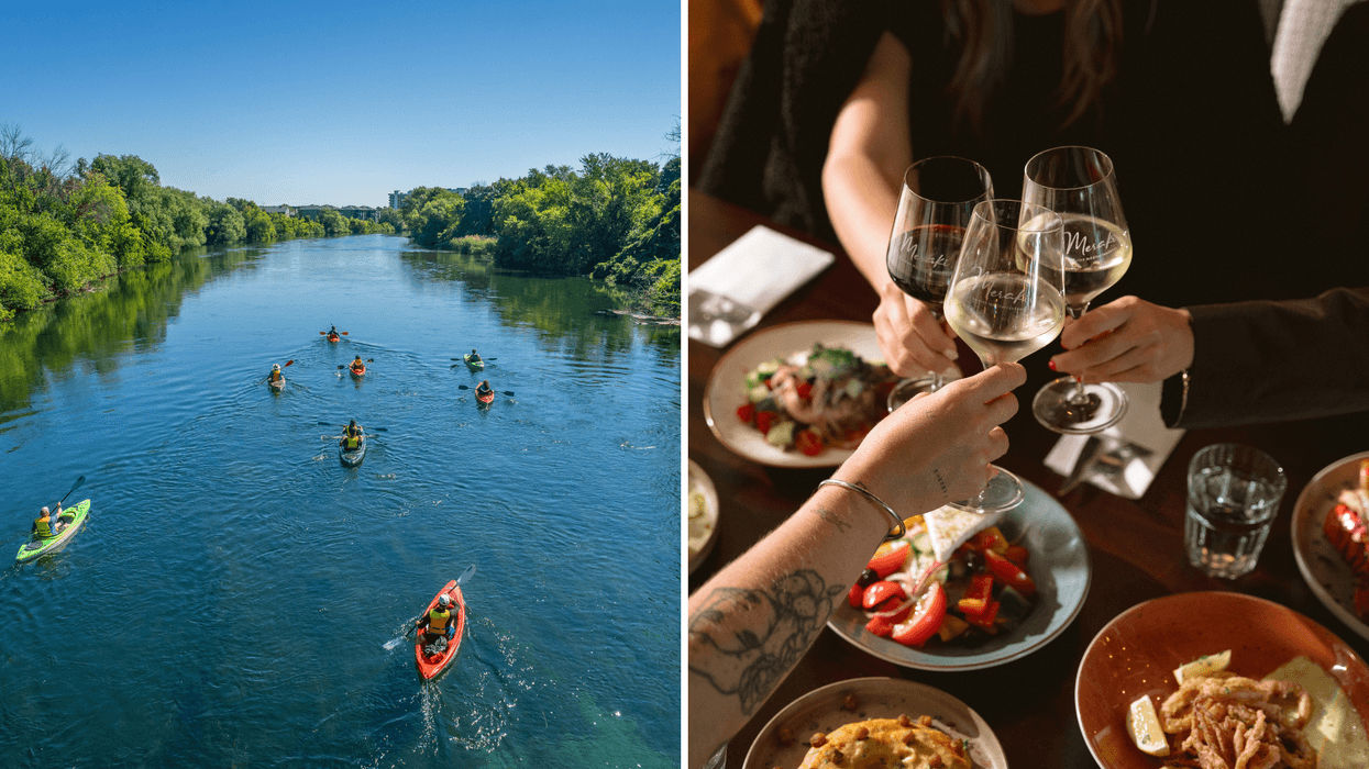 People kayaking on a calm river. Right: Friends enjoying food and drinks at a restaurant.