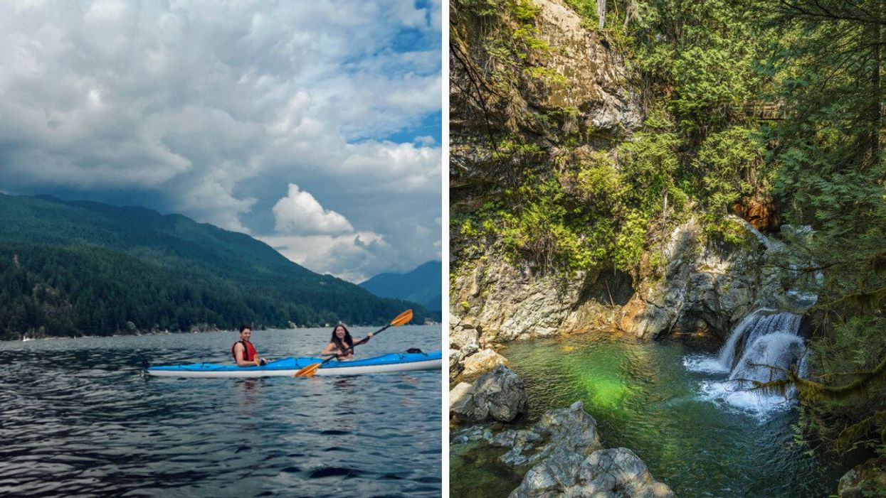 People kayaking. Right: Lynn Canyon Park.