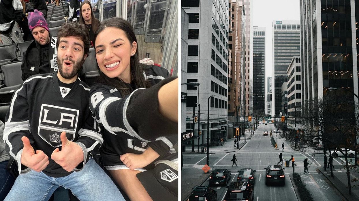 People LA Kings jerseys at a hockey game. Right: A view of downtown Vancouver.
