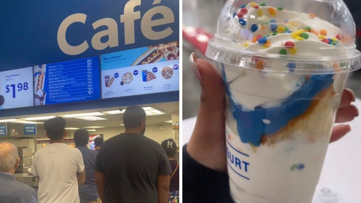 People lining up at a Sam's Club Café. Right: The TikToker holding a Sam's Club Birthday Cake Sundae.