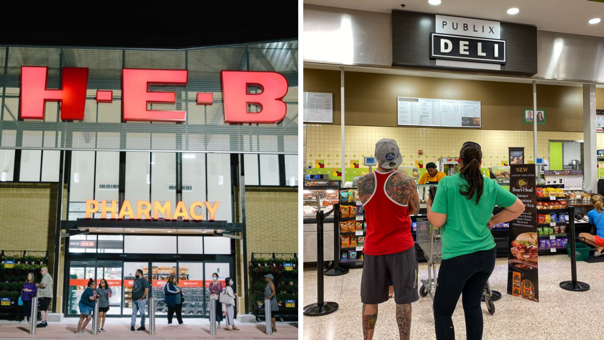 People lining up outside an H-E-B store. Right: People standing in line at a Publix Deli.