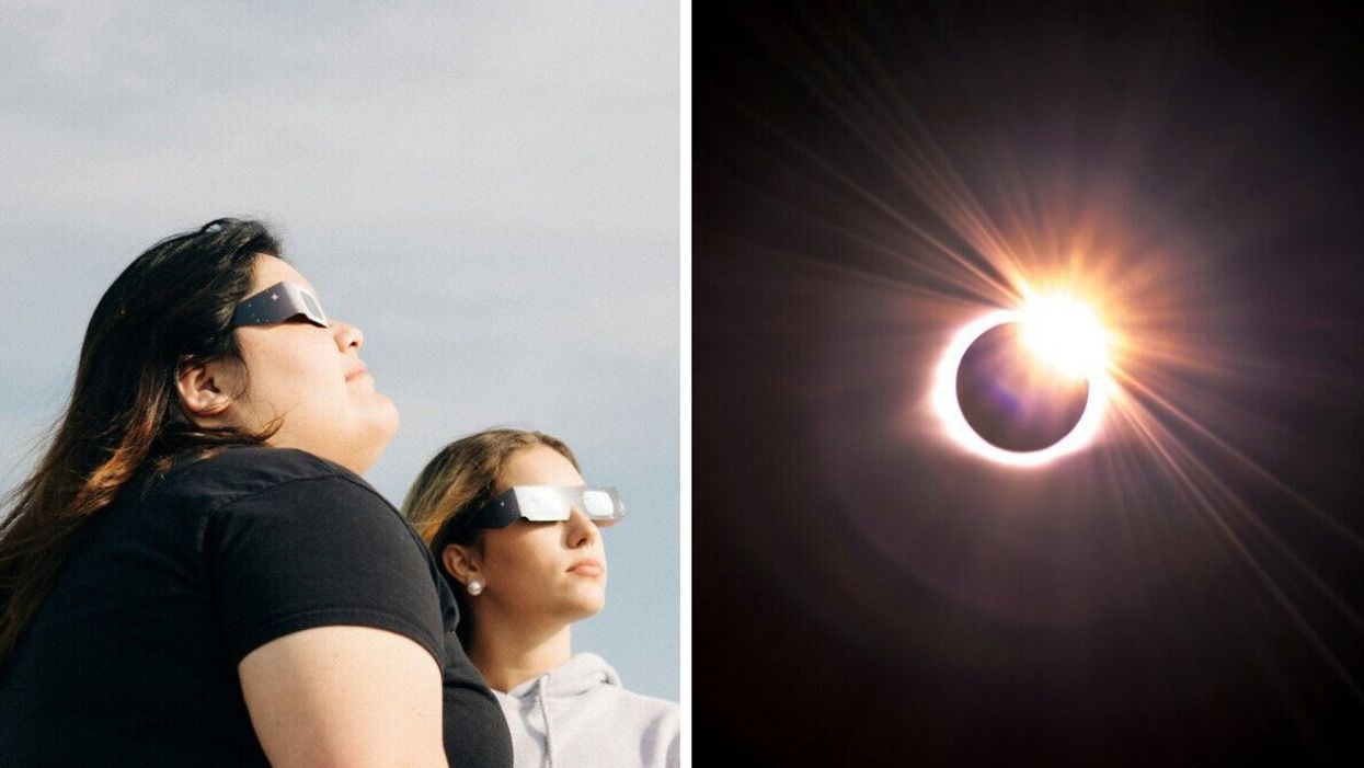 People look to the sky while wearing eclipse glasses. Right: A solar eclipse.