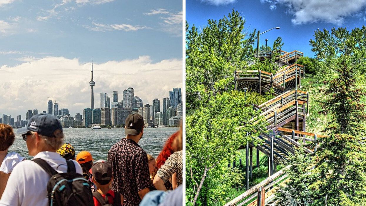 People looking at the Toronto skyline from Lake Ontario. Right: Wooden stairs in Calgary