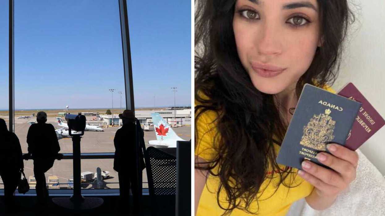 People looking out of a window at an airport. Right: A person taking a selfie, holding up two passports.