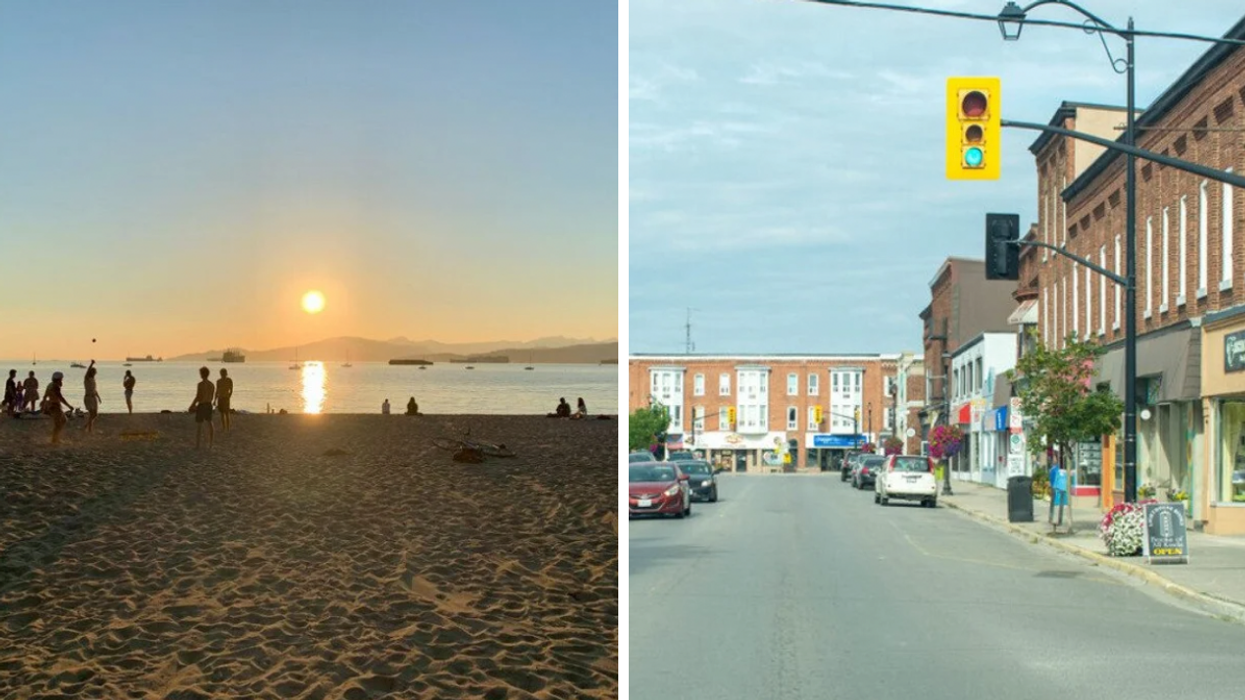People on a beach in Vancouver as the sun sets. Right: Downtown rural street of small town Canadian city.