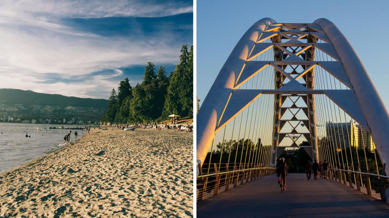 People on a beach in Vancouver. Right: People outdoors in Toronto.
