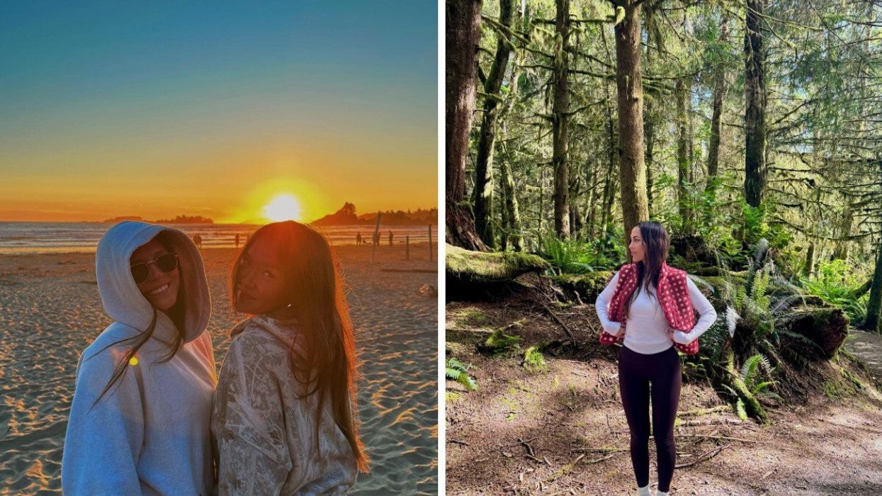 People on a beach. Right: Someone in the rainforest.