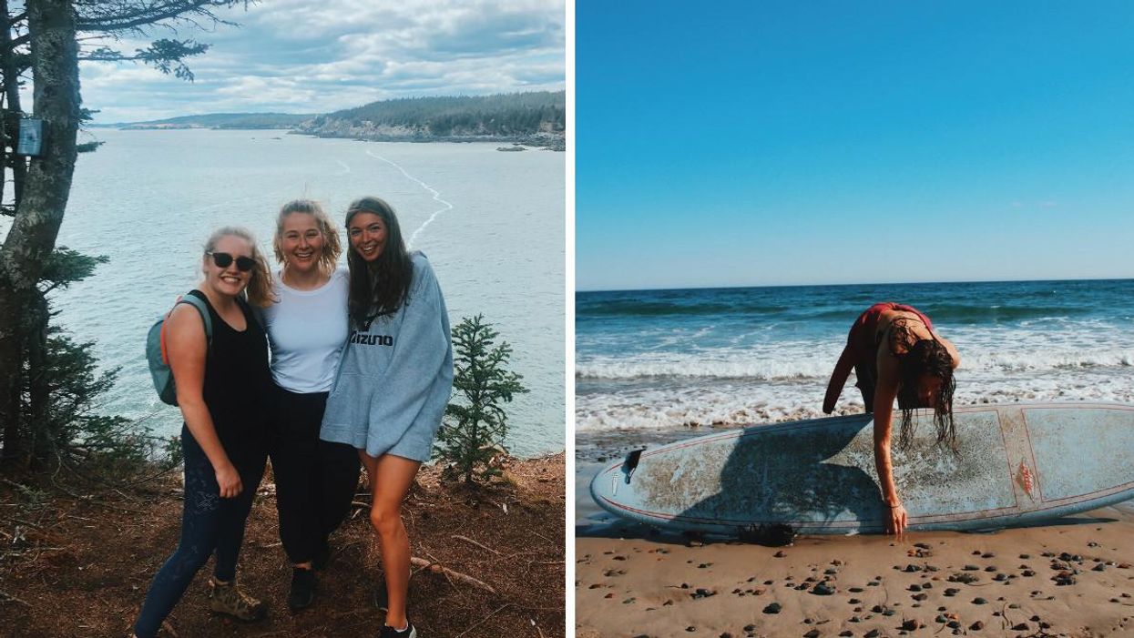 People on a hike in New Brunswick. Right: Person surfing in Nova Scotia.