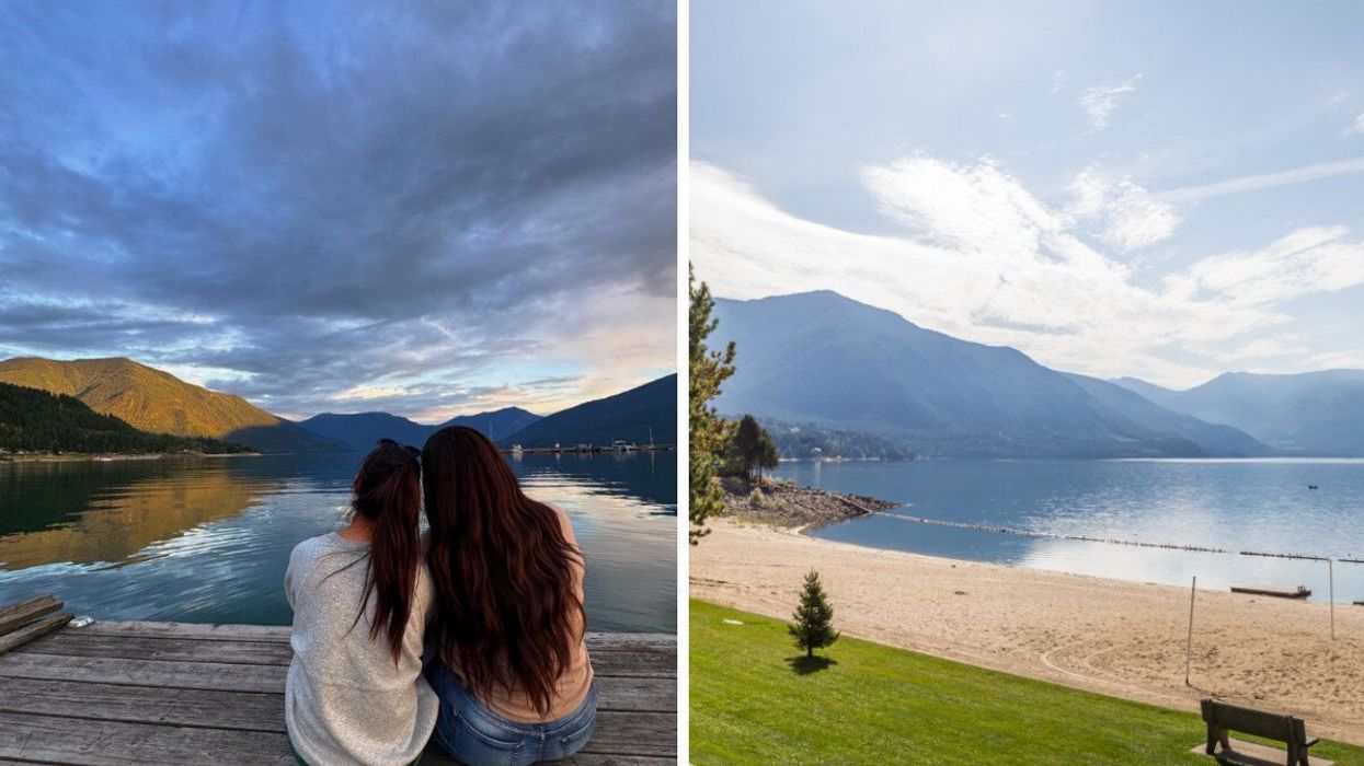 People on a lake. Right: A lakeside beach.