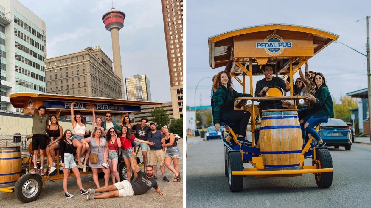 People on a Pedal Pub tour of Calgary. Right: The Pedal Pub on a road.