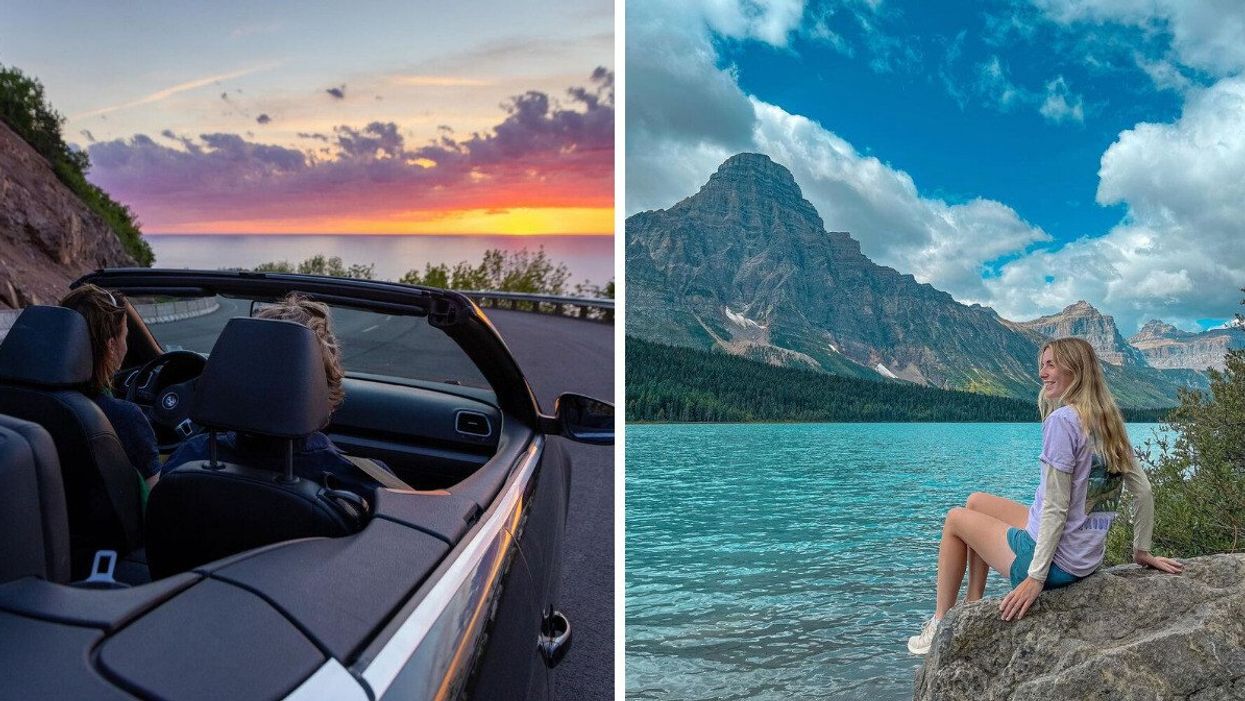 People on a road trip in Canada. Right: A person sits by a blue lake in Canada. 
