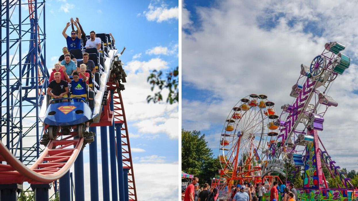 People on a roller coaster. Right: A ride at an amusement park.