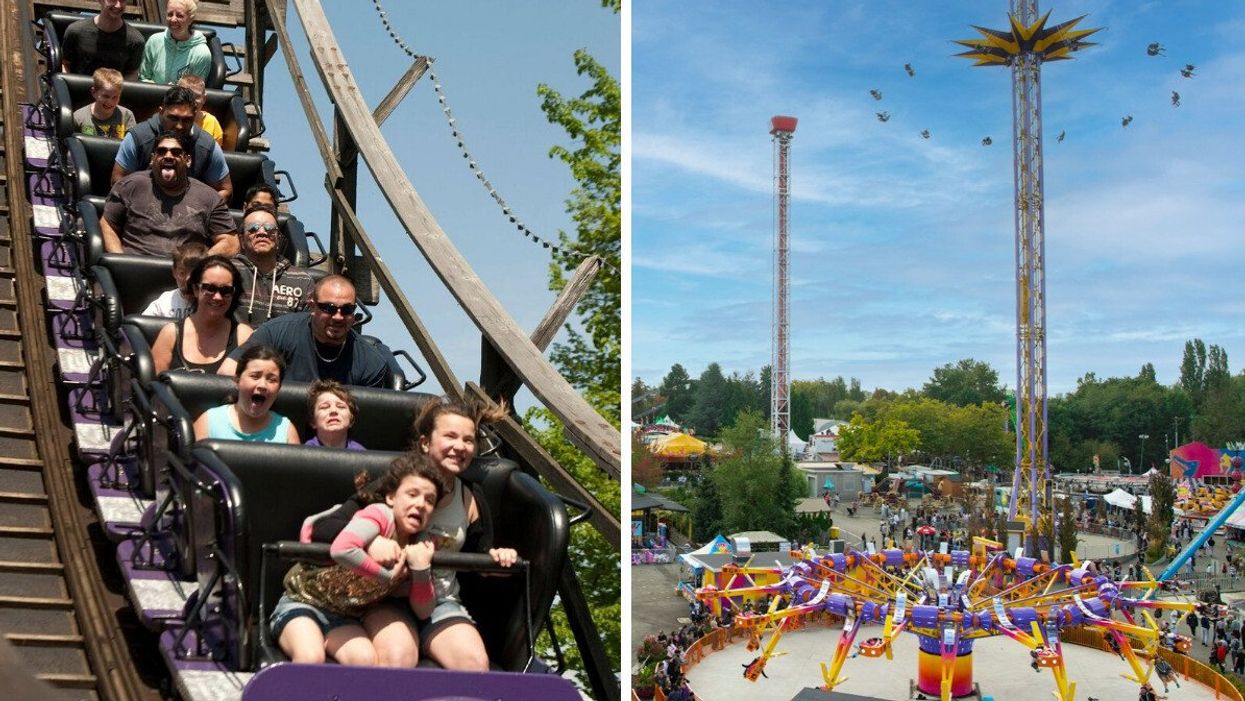 People on a rollercoaster. Right: Rides at at an amusement park.