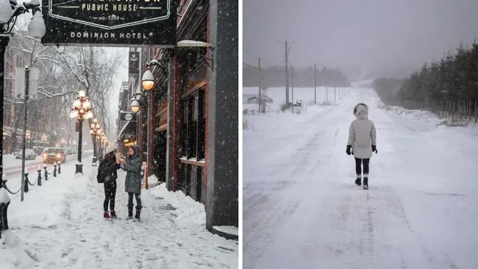 People on a sidewalk in Vancouver while it snows. Right: Person walking on a snow-covered street in Quebec.