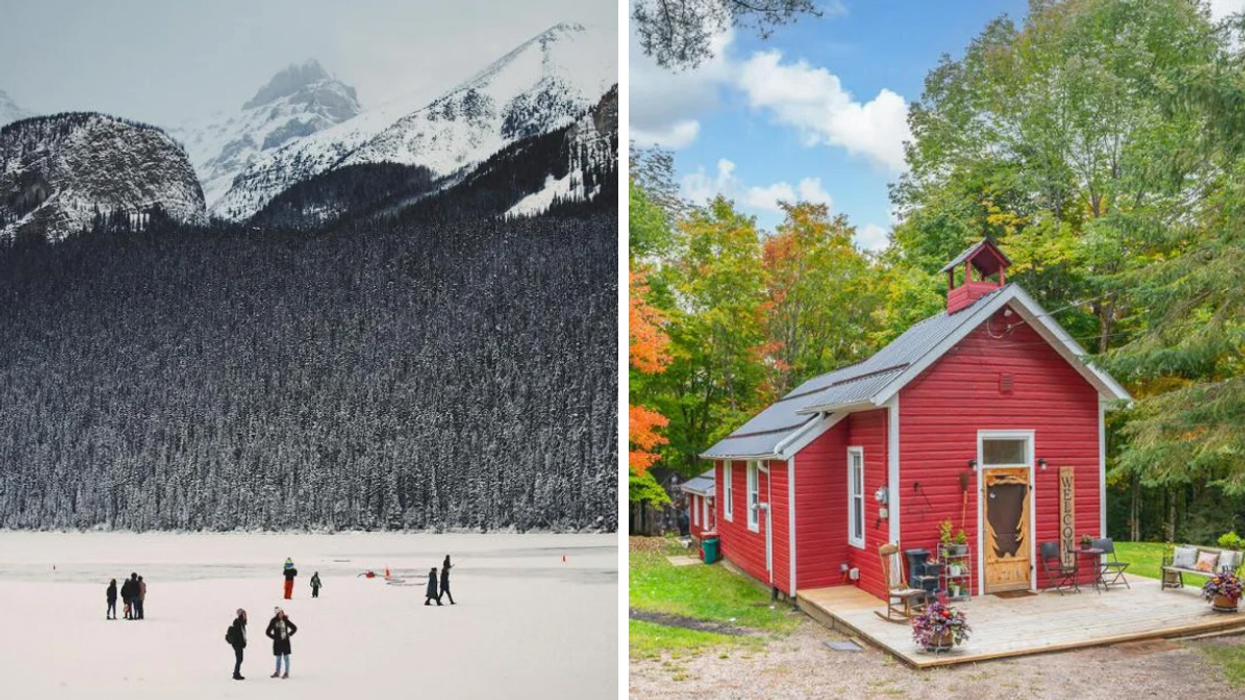 People on a snow-covered lake in front of mountains in Alberta. Right: A home in Minden, Ontario.