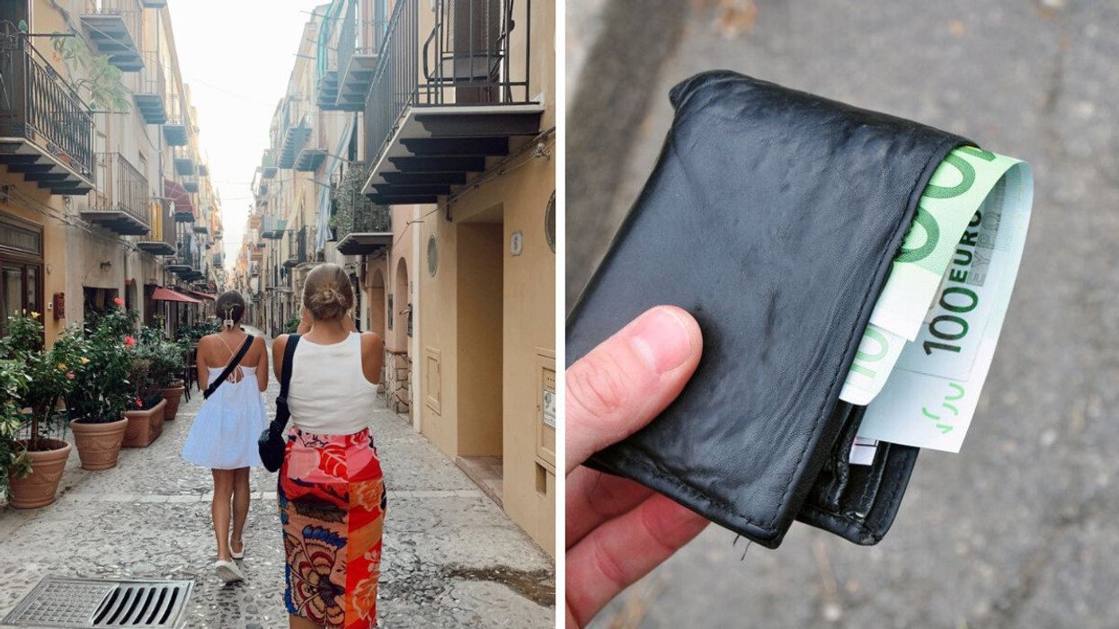 People on a street in Italy. Right: Wallet with euros.