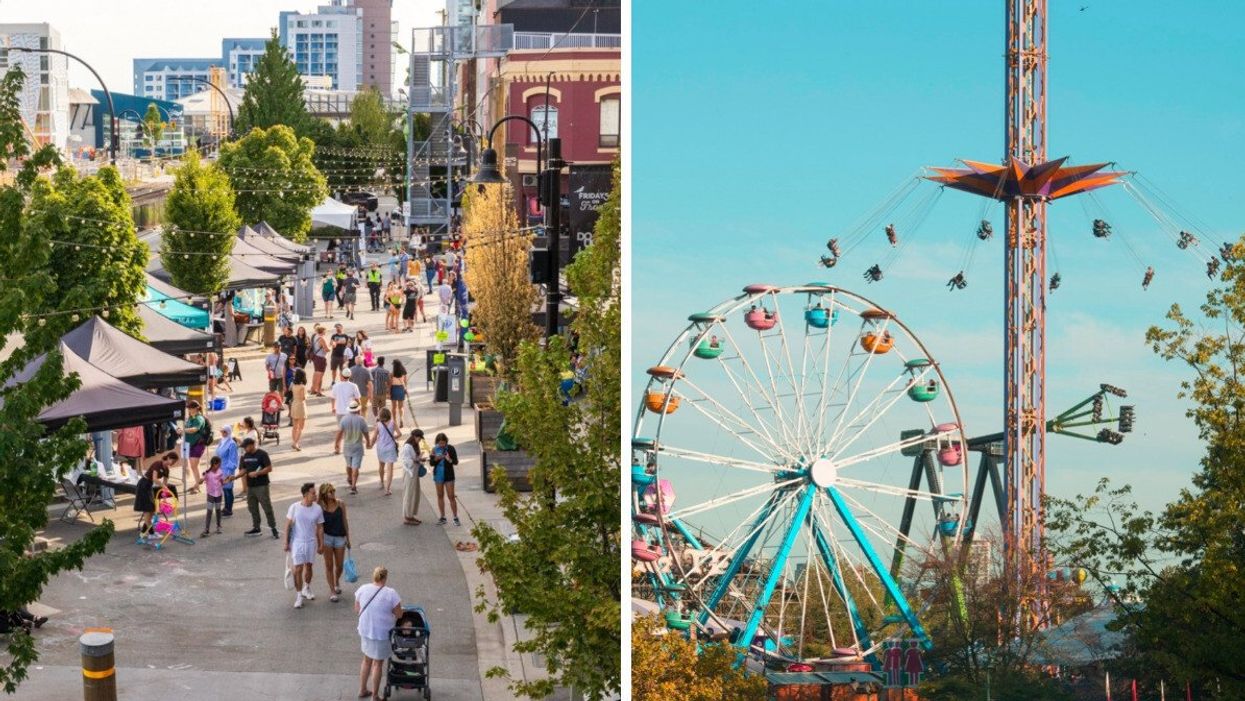 People on a street. Right: Rollercoasters.