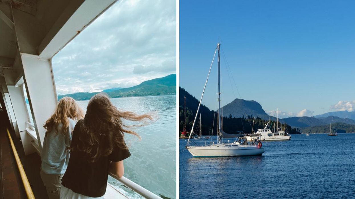 People on B.C. Ferries. Right: Gibsons, B.C.