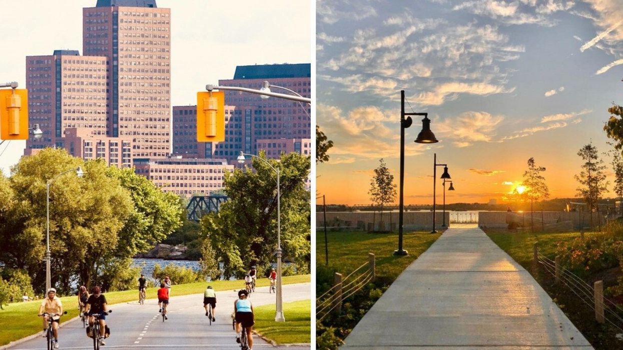 People on bikes on an empty parkway in Ottawa. Right: A sunset view at Pangishimo Park, Ottawa.