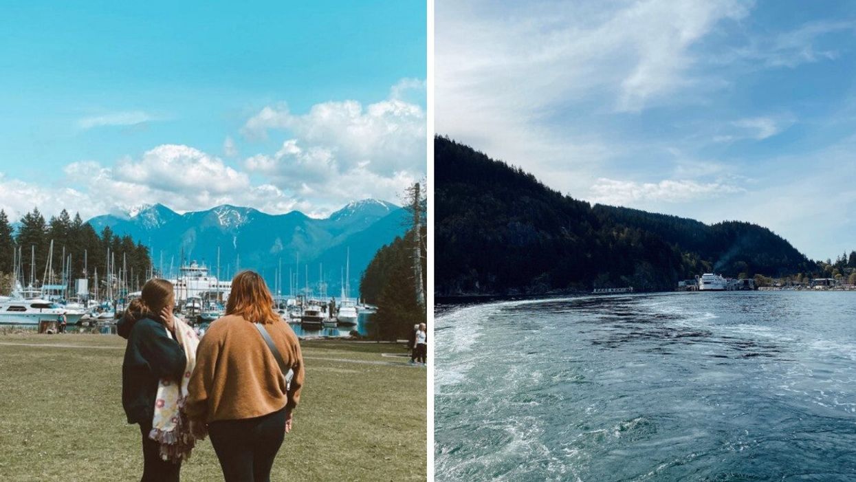 People on Bowen Island, B.C. Right: View of BC Ferries leaving a tiny island.