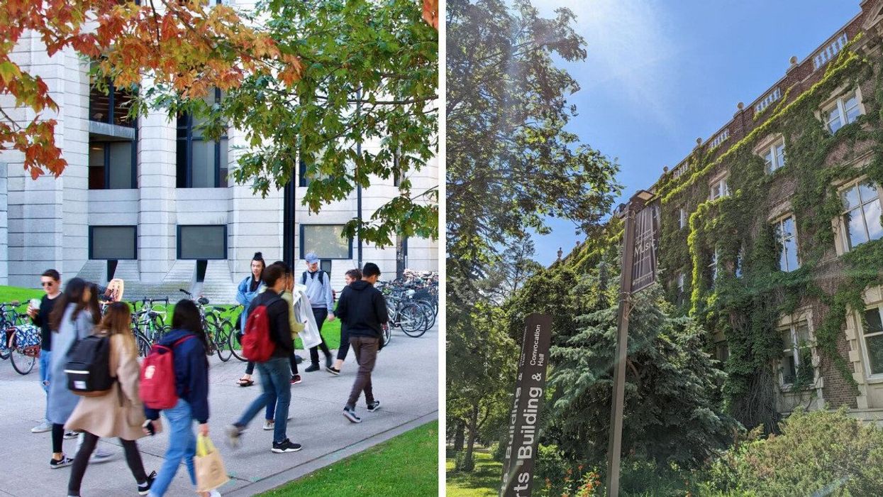 people on campus at university of toronot. right: ivy-covered building at university of alberta