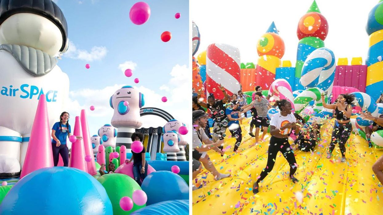 People on inflatable attractions at The Big Bounce Canada.