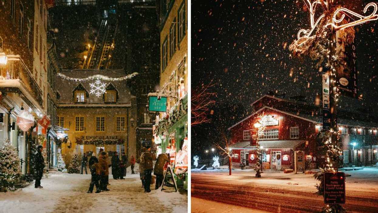 people on snow covered quebec city street with christmas and winter decorations. right: unionville ontario street during snowfall
