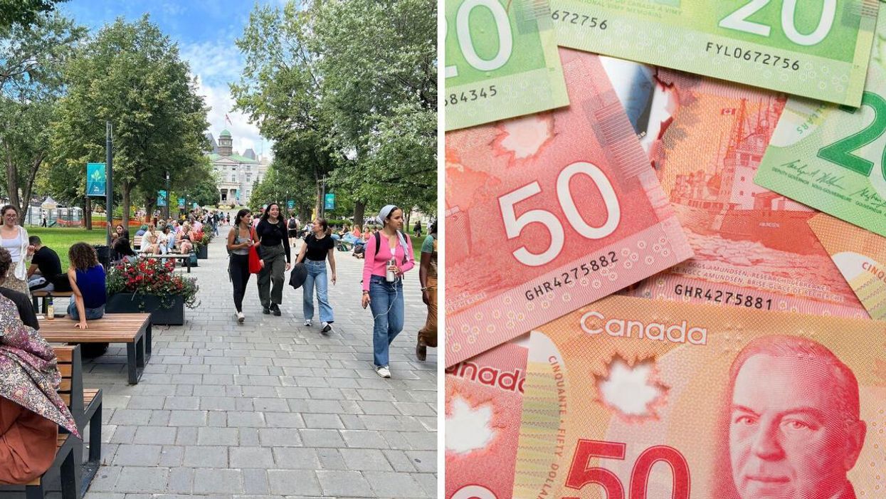 People on the McGill University campus. Right: Canadian money.
