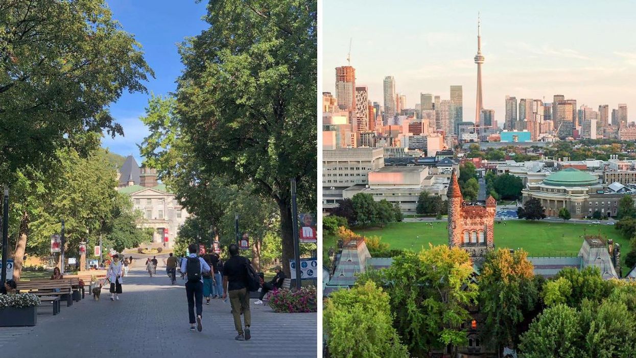 People on the McGill University campus. Right: University of Toronto campus with the CN Tower in the background.