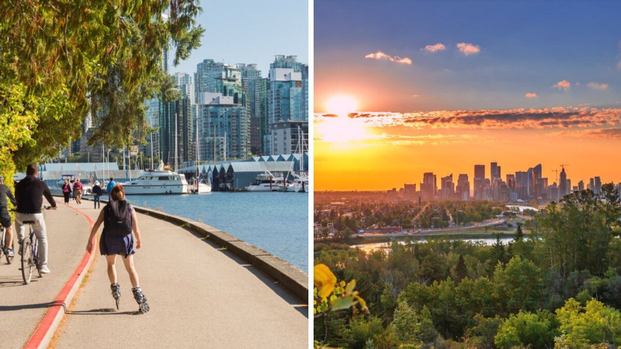 People on the seawall in Vancouver. Right: Calgary city in summer.