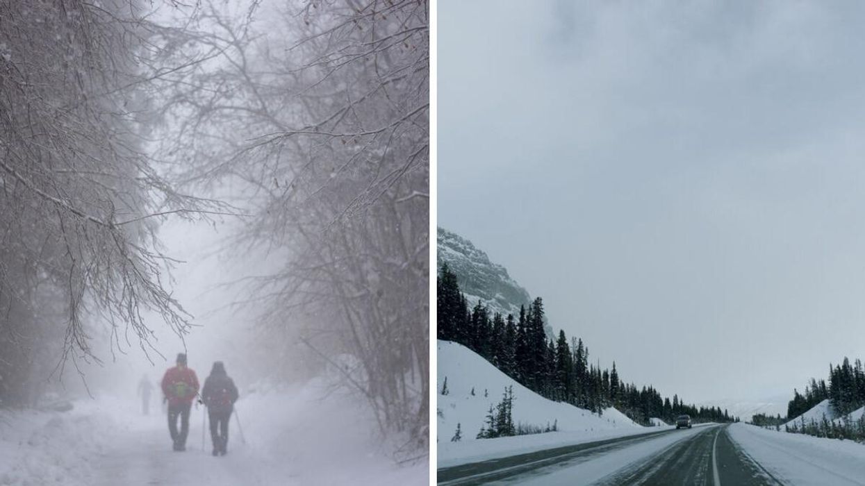 People out in the snow. Right: A highway with snow.