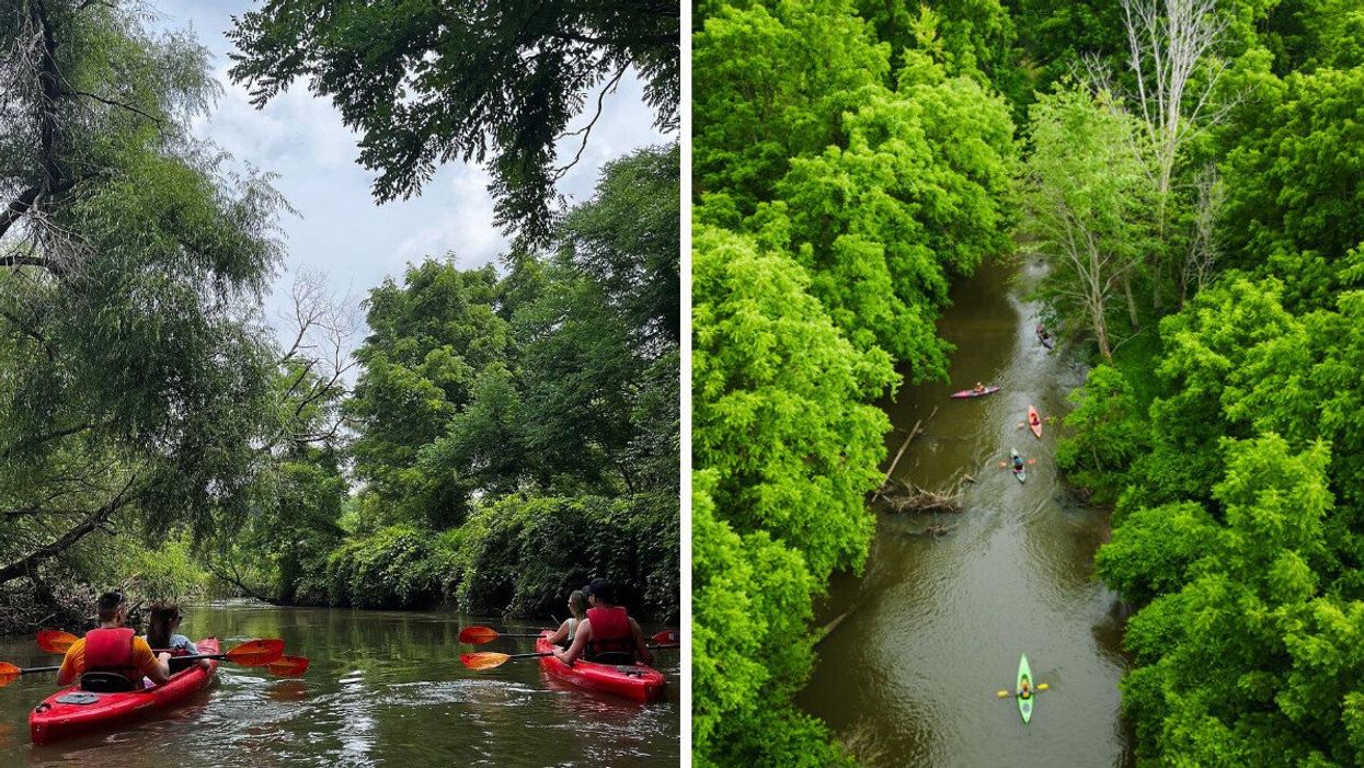 People paddling in kayaks. Right: An aerial view of kayaks.