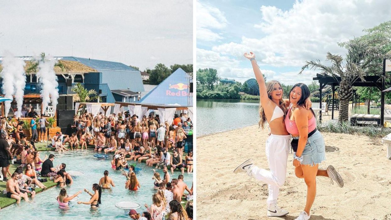 People partying at Beachclub. Right: Women stand on the beach at Beachclub.