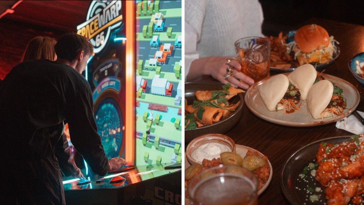 People playing games at GRETA Bar YYC. Right: A table full of food at GRETA Bar YVR.
