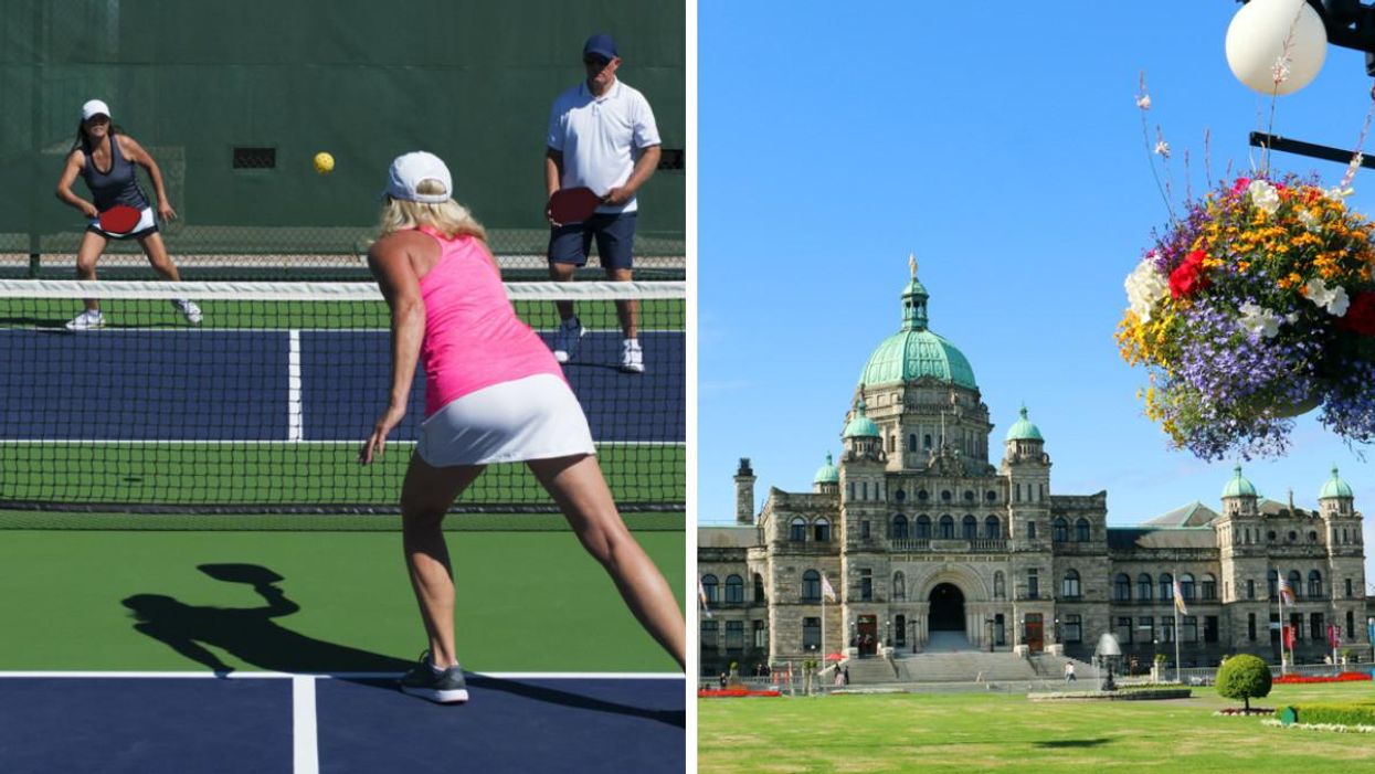 People playing pickleball. Right: Parliament building in Victoria, B.C.