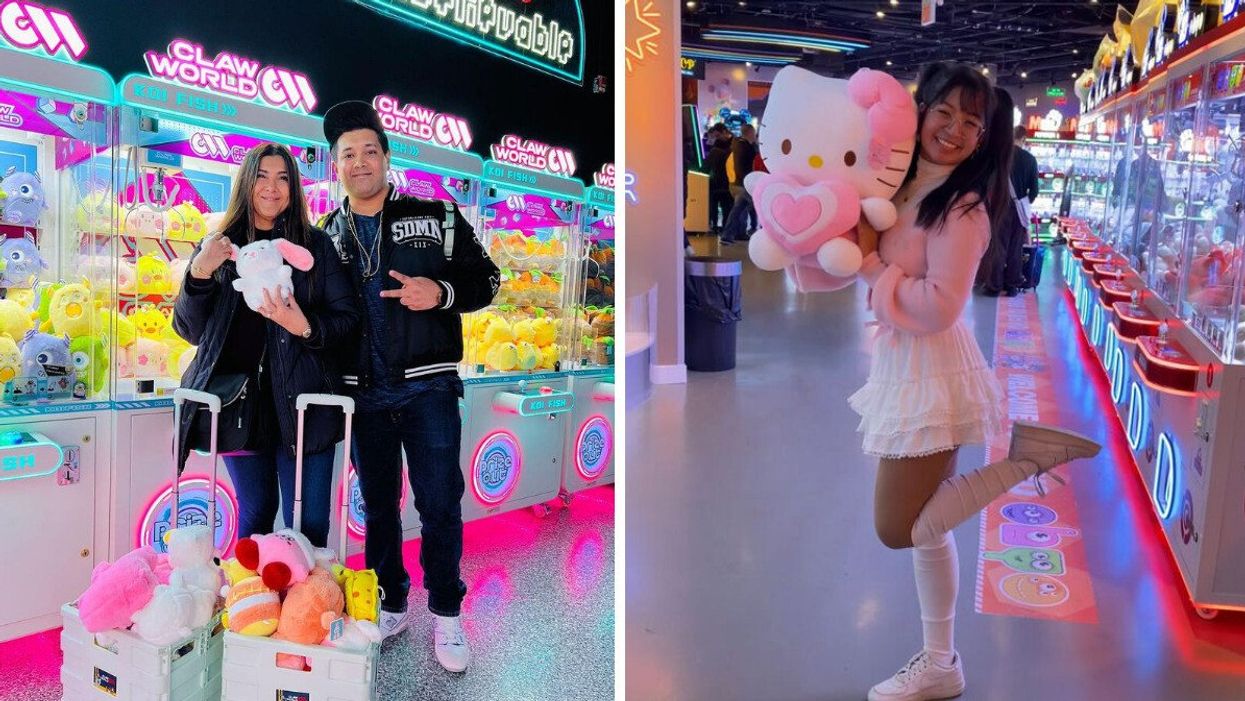 People pose in front of colourful neon claw machines with an assortment of stuffed toys.