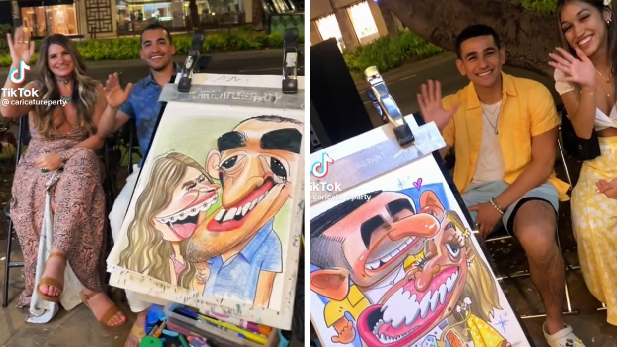People posing for a picture drawn by Caricature Party. Right A couple wearing yellow posing for a picture drawn by Caricature Party.
