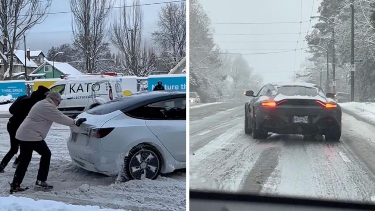 People pushing a Tesla. Right: An Aston Martin.