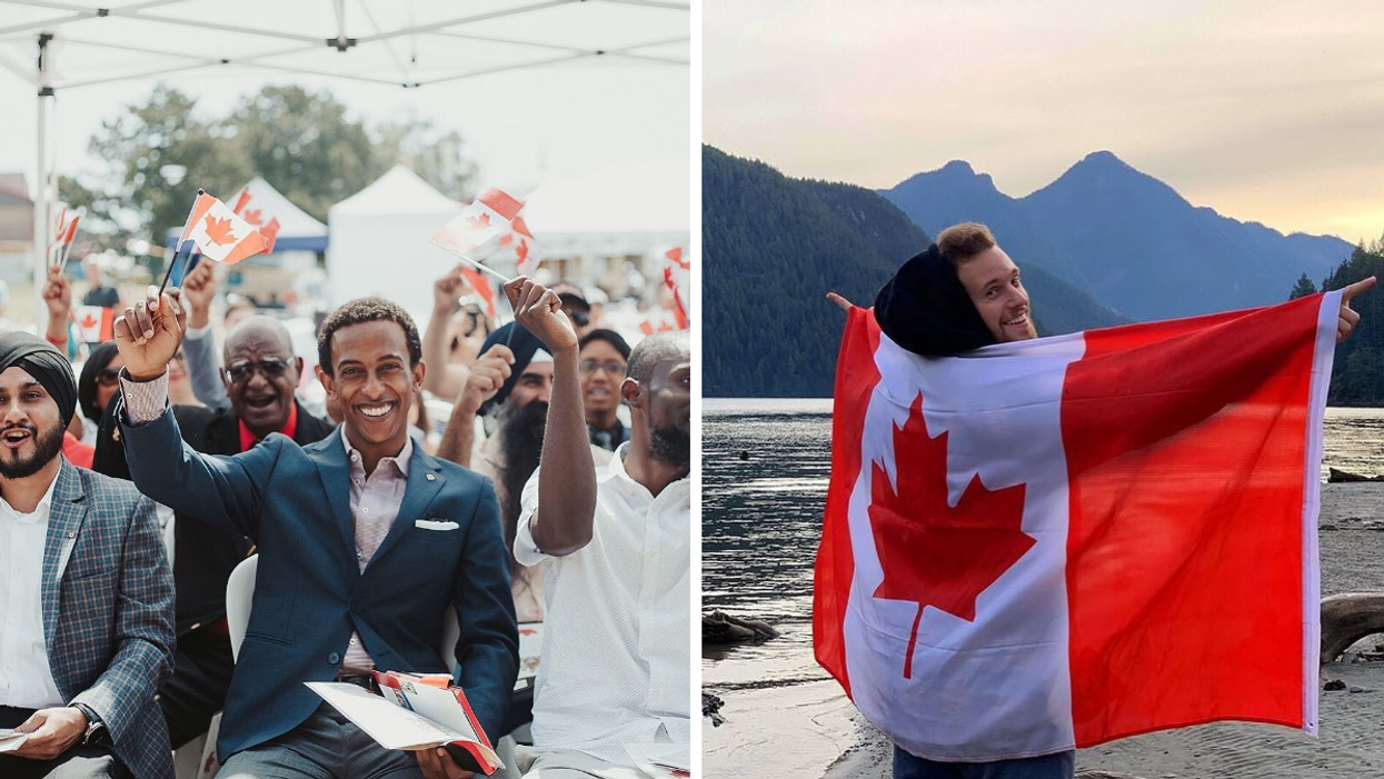 People raising the Canadian flag. Right: Someone holding the Canadian flag.