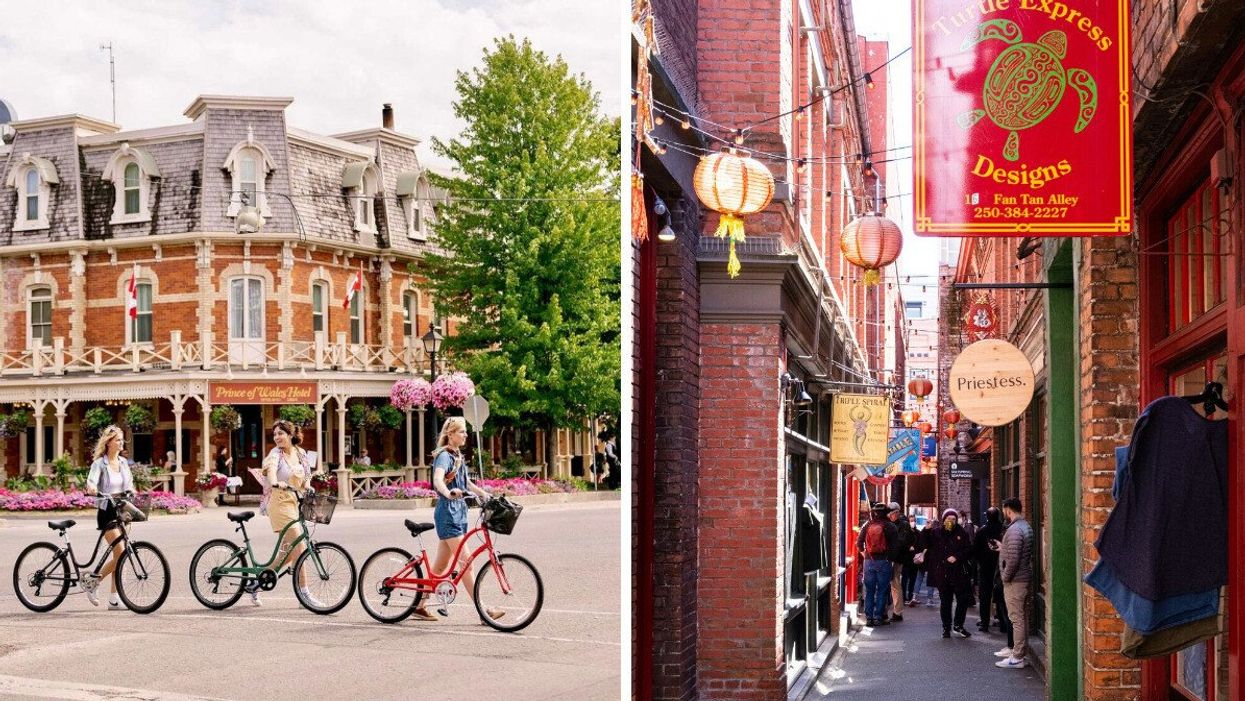 People ride bikes in Niagara-on-the-Lake. Right: An alleyway in B.C.