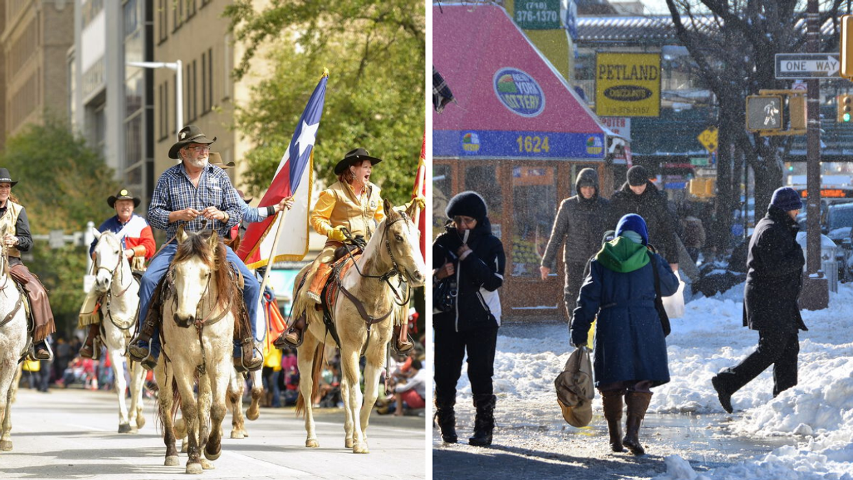 People riding horses and holding flags in Texas. Right: People walking through snowy streets in New York.
