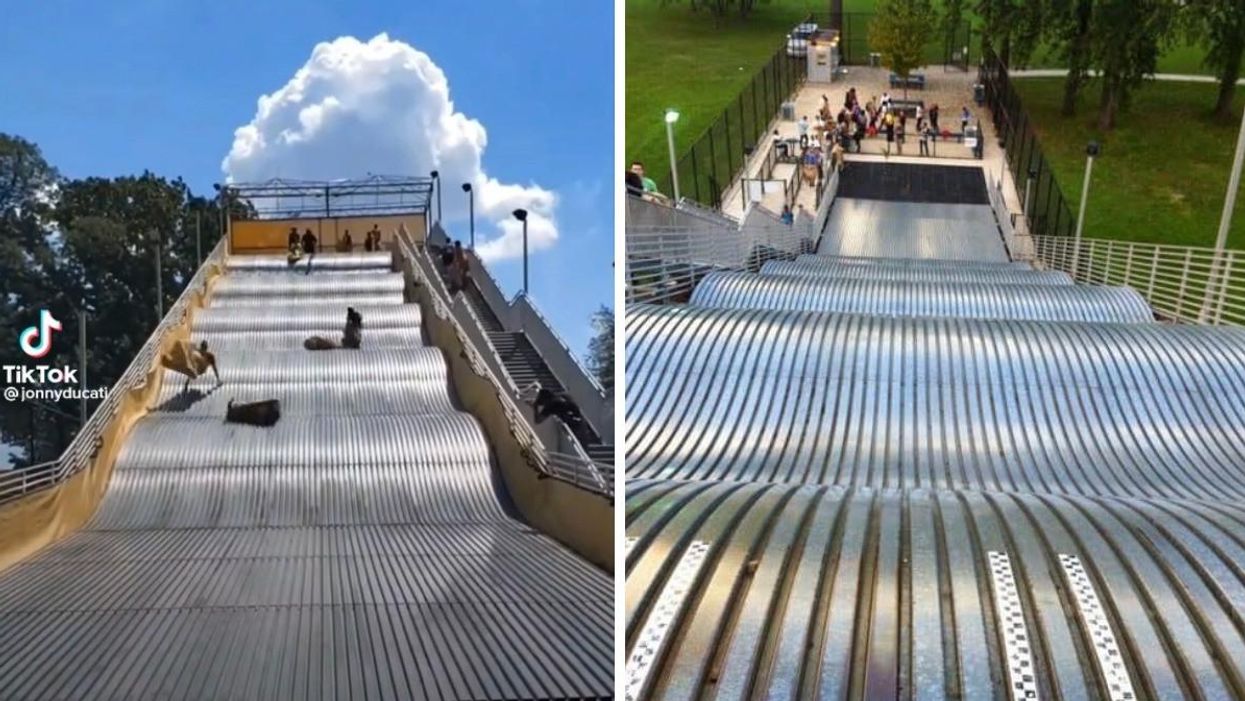 People riding the Bell Isle Park slide before in a viral TikTok. Right: The Bell Isle Park Slide.