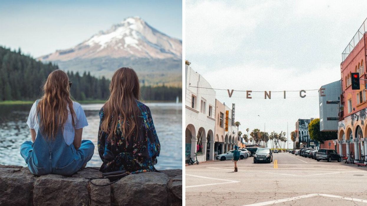 People sat by a lake in Oregon. Right: Venice Beach in California