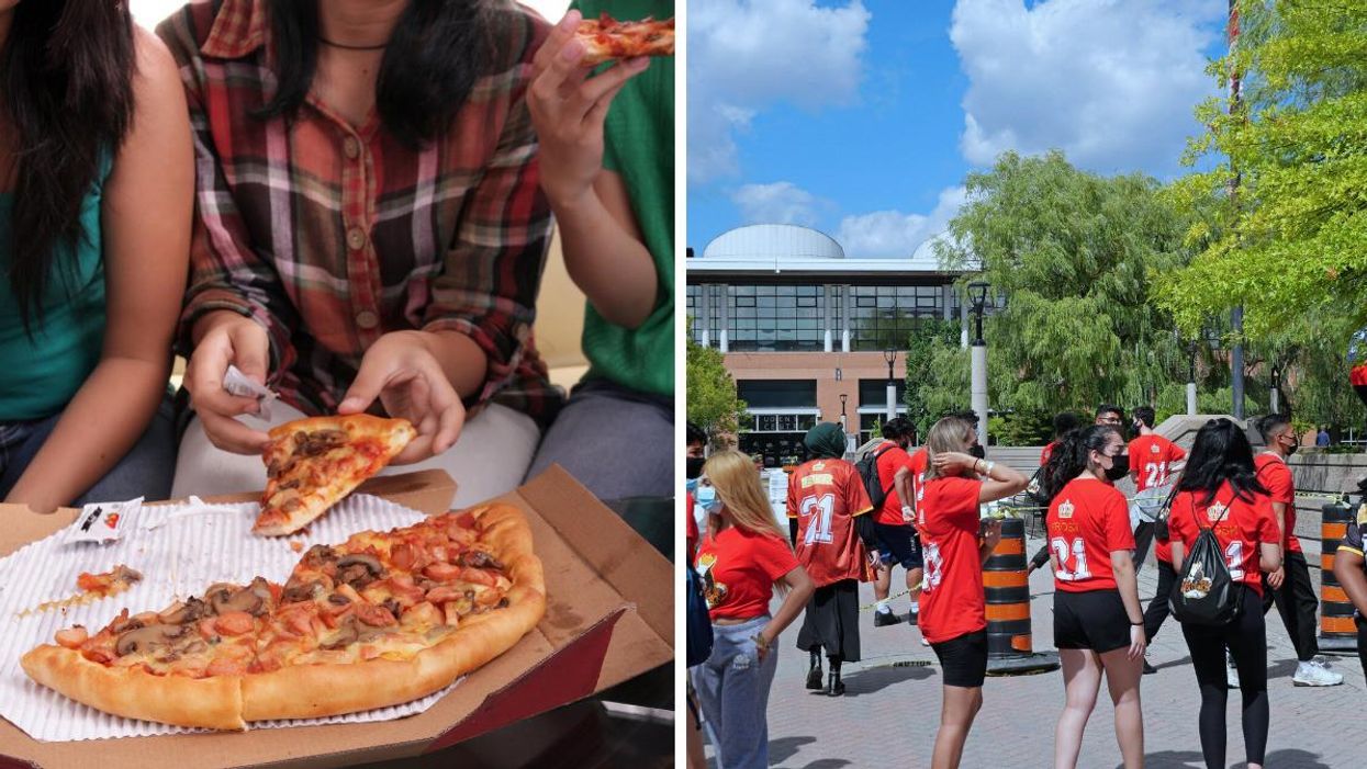 People sharing a pizza. Right: Frosh week at York University.