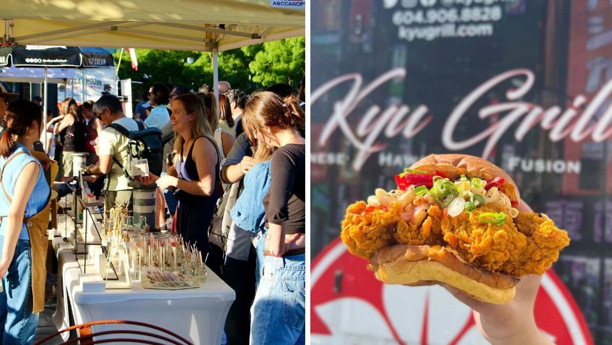 People shopping at a market. Right: A hand holding up a huge burger.
